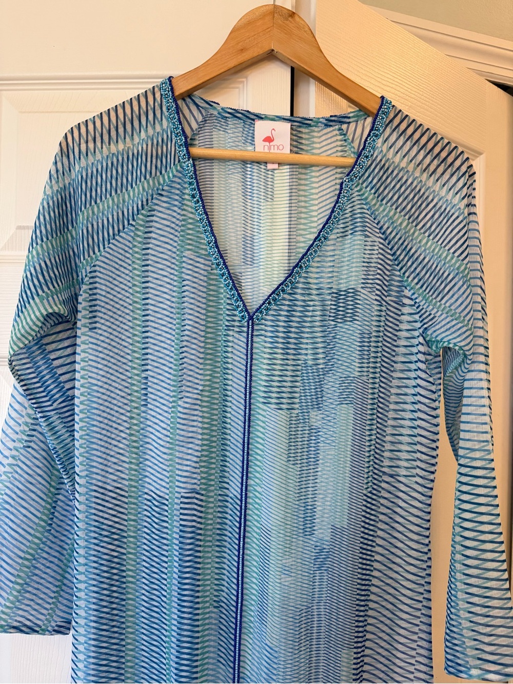 Nimo With Love sheer blue mix print caftan beach dress or resort cover-up beaded - Picture 3 of 5
